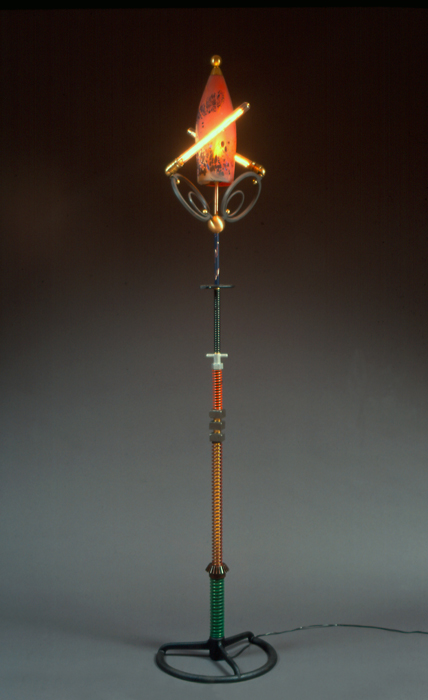 Chance a floor lamp of found objects and hand blown glass by Harry Anderson