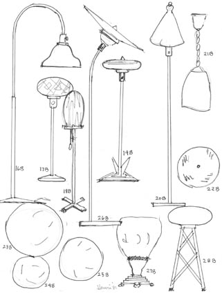 Harry Anderson's sketches of his artworks created from hand blown glass, found objects and mixed media that were shown in his 1980 exhibition at the Henri Gallery