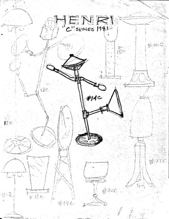 Drawings of Harry Anderson's lamps in his 1981 exhibition at the Henri Gallery in Washington DC
