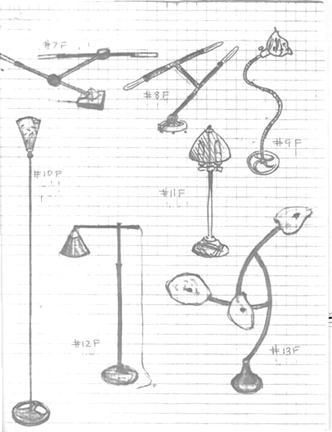 Harry Anderson drawings of art lamps made with hand blown glass and found objects that were included in the artist's 1984 exhibition at the Henri gallery in Washington D.C.