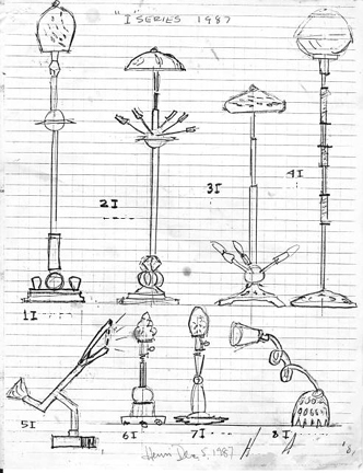 Sketches by the artist of the lamps shown in his 1987 exhibition at the Henri Gallery