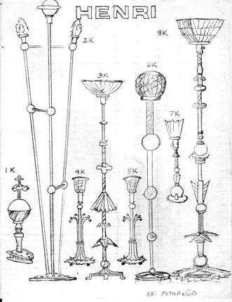 Sketches by the artist of the lamps shown in his 1989 exhibition at the Henri Gallery