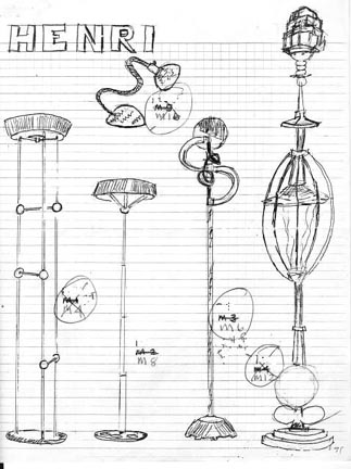 Harry Anderson's sketches of his artworks created from hand blown glass, found objects and mixed media that were shown in his 1991 exhibition at the Henri Gallery