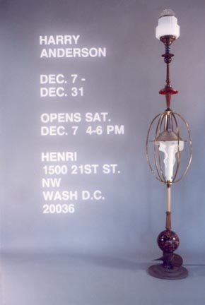 The invitation to artist Harry Anderson's 1991 exhibit at the Henri Gallery in Washington D.C. show his found object Light Sculpture Agitator 