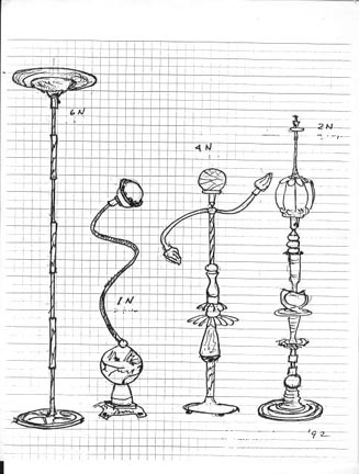 Sketches by the artist of the lamps made from hand blown glass, found objects and mixed media shown in his 1992 exhibition at the Henri Gallery in Washington D.C.
