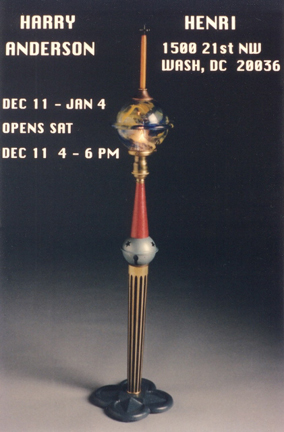 Harry Anderson exhibit announcement for Anderson's 1993 show at the Henri Gallery shows a work made of hand blown glass and found objects