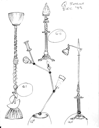 Harry Anderson's sketches of his artworks created from hand blown glass, found objects and mixed media that were shown in his 1995 exhibition at the Henri Gallery