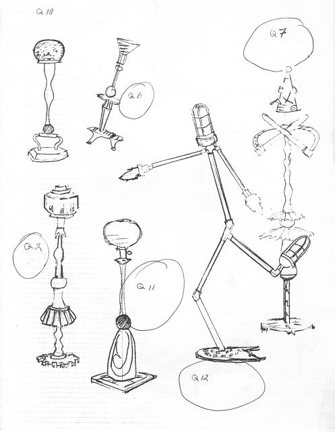 Harry Anderson sketches of Illuminations created from hand blown glass, found objects and mixed media that were shown in his 1995 exhibit