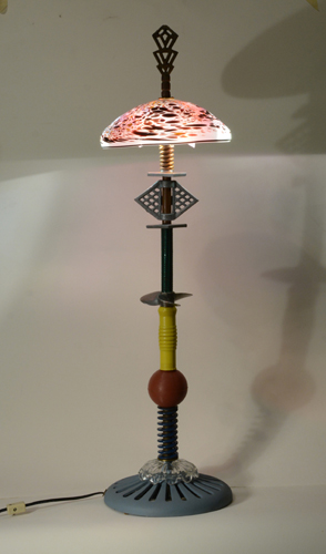 Harry Anderson lamp sculpture created using found objects and hand blown glass